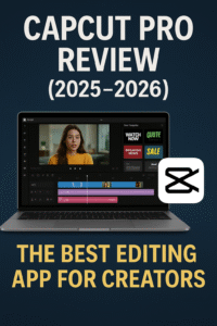 CapCut Pro Review 2025–2026 graphic showing video editing interface and laptop promoting the best editing app for creators.