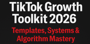 Featured image for TikTok Growth Toolkit 2026 course showing bold text with templates, systems, and algorithm mastery on a black and red Peter Motivation background.
